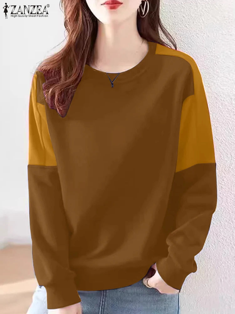 ZANZEA Felpe con cappuccio a blocchi di colore da donna Stile coreano Moda di strada 2024 Autunno Felpe a maniche lunghe Allentato Casual O Collo Pullover Top