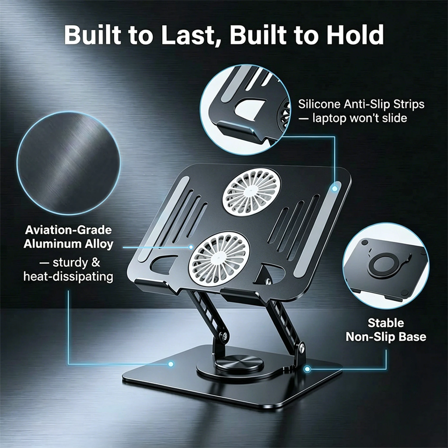 Laptopständer aus Kohlenstoffstahl, 360° drehbar ° Drehbarer, faltbarer, höhenverstellbarer USB-Kühlventilator-Ständer für 16-Zoll-Laptops und Tablets, ergonomisch – Detail 2