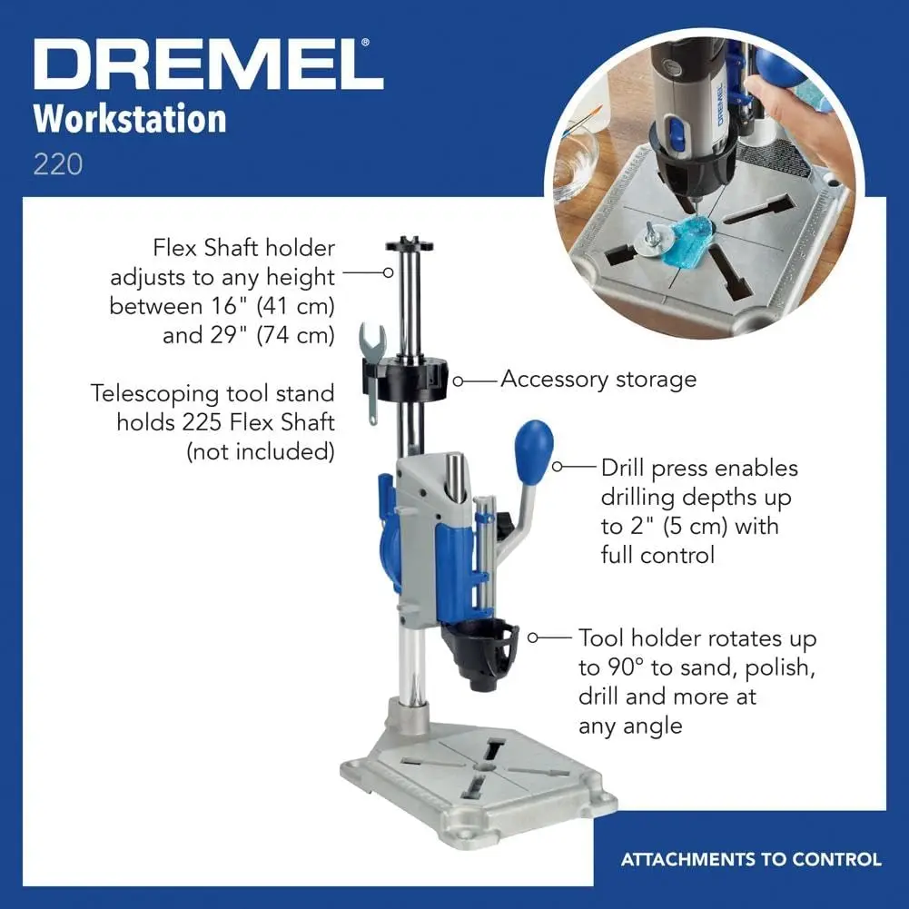 Dremel Drill Press Rotary Tool Workstation Stand with Wrench- 220-01- Mini Portable Press- Holder- 2 Inch Depth- Ideal