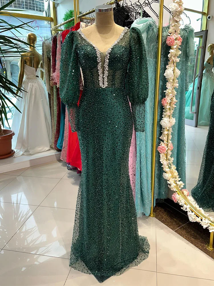 

Luxury Evening Dress Green Crystal Deep V Neck Puffy Sleeves Evening Gowns Long Mermaid/Trumpet Women's Formal Party Dresses