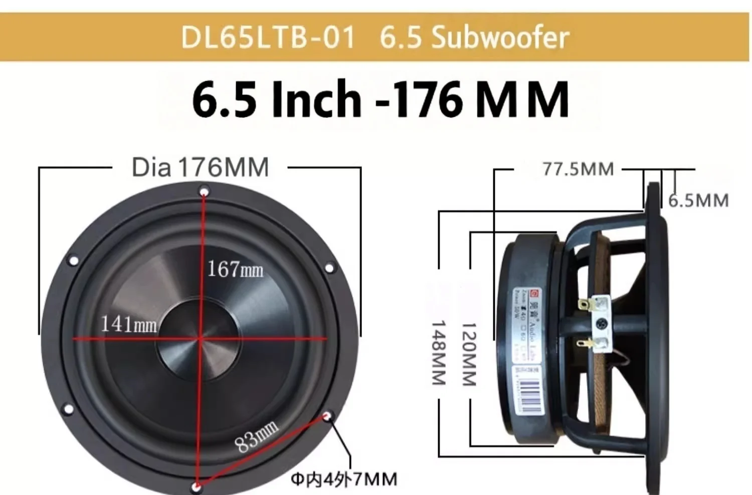 AudioLabs Altoparlante Mid-Bass da 6,5 pollici 50W RMS Cono in alluminio ceramico Driver HiFi 4/8Ω per sistemi audio fai-da-te