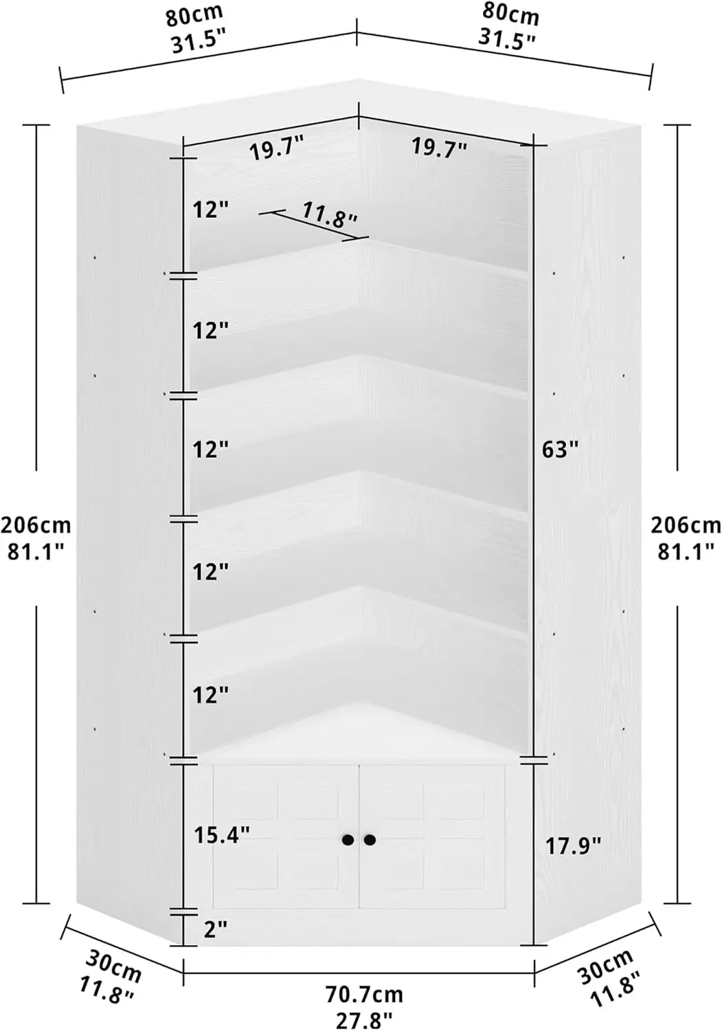 رف كتب زاوية مقاس 81 بوصة من IRONCK مع باب، أرفف كتب من 6 طبقات مع رف تخزين، خزانة كتب طويلة لغرفة المعيشة، مكتب، أبيض