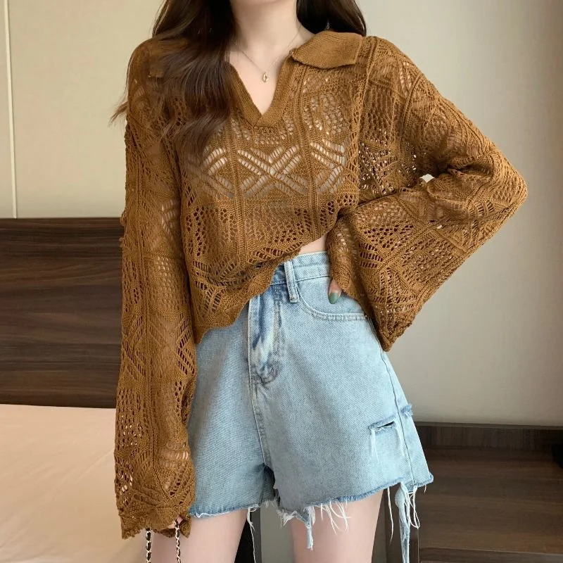 Summer Vintage Hollow Chic Bohemian Sweater Pullovers Cute Solid Turn-down Collar Long Sleeve Knitwears Korean Style Top Women