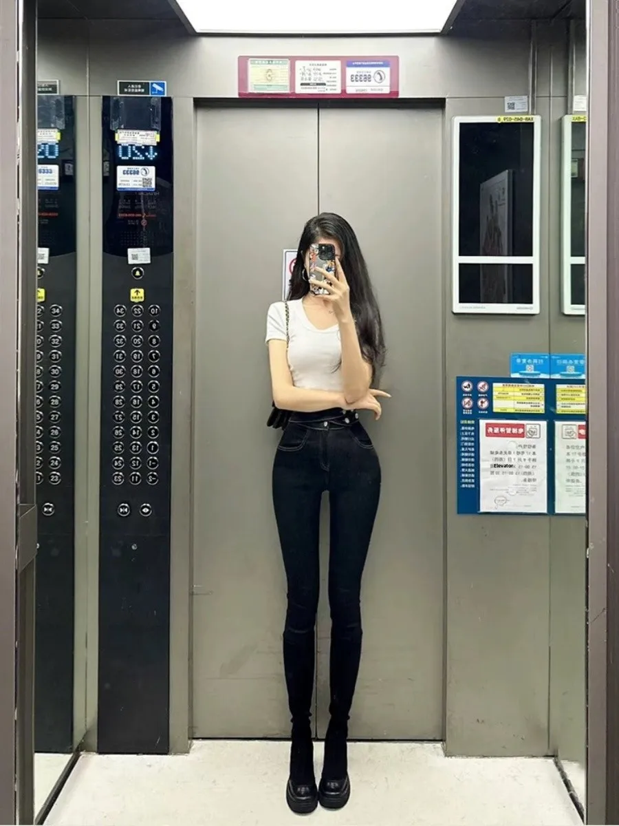 

High Waist Elastic Slimming Design Korean Sle Pencil Jeans Women's Autumn Spring Cotton Stretch Denim Long Leg Lengthening