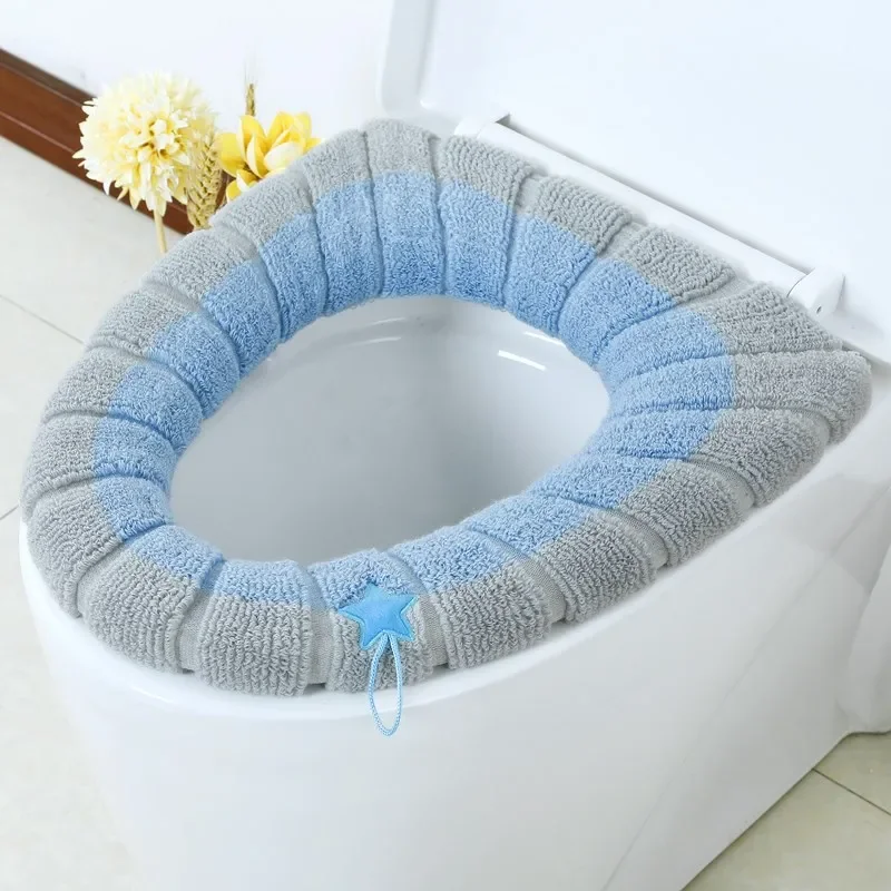 1Pcs Winter Warm Toilet Seat Cover Closestool Mat Washable Bathroom Accessories Knitting Pure Color Soft O-shape Pad Bidet Cover