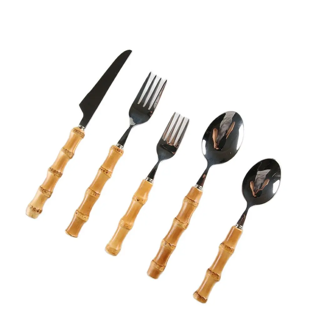 

Restaurant Household 304 Stainless Steel Unique Handmade Long Natural Bamboo Root Wooden Handle Dinnerware Tableware Cutlery Set