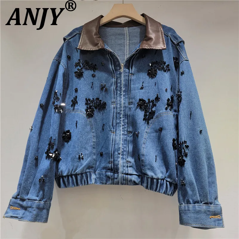 

ANJY, осенне-зимняя новая женская модная джинсовая куртка с воротником из искусственной кожи и бриллиантами, стильное пальто для похудения A16057