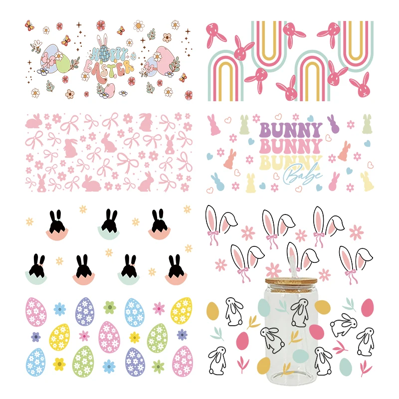 Cartoon Adorable Easter Pattern Design Uv Dtf Cup Wrap Iron On Transfer Stickers For Glass Cup 16oz Decoration D28740