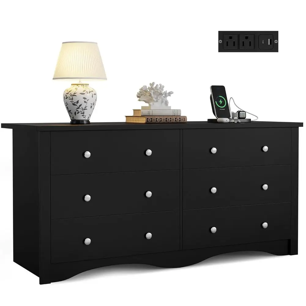 6 Drawer Bedroom Storage Chest with Power Outlet, Suitable for TVs up to 65, Ideal for Hallway or Entryway (Black)