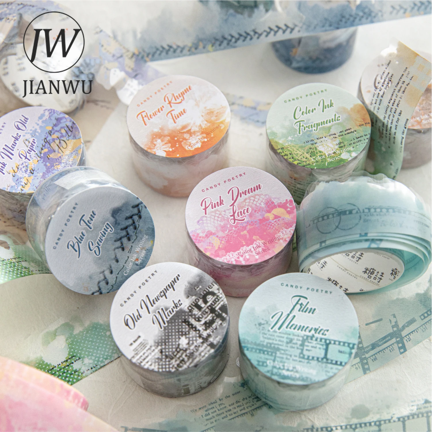 JIANWU Color Ink Word Language Series Vintage Watercolor Smudge Landscape Material Collage PET Tape Creative Journal Stationery