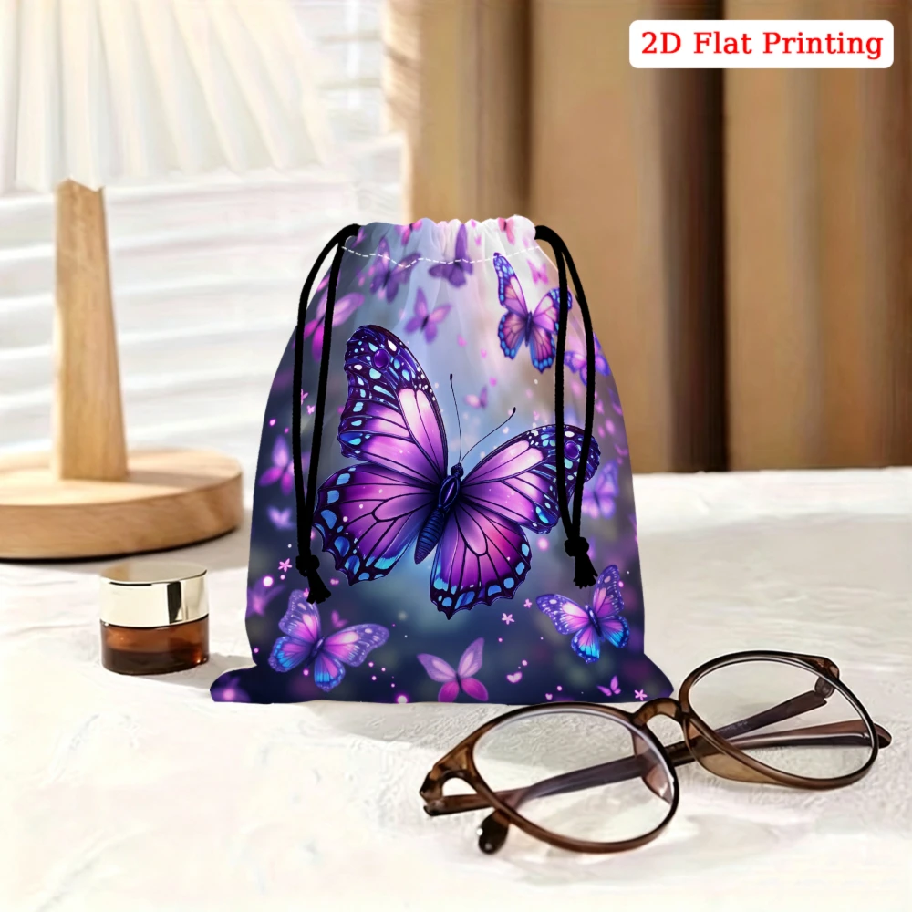 1pc Fashion Drawstring Bag Purple Butterfly Print Storage Small Pouch For Travel Cosmetics Jewelry Organizer Portable Gift