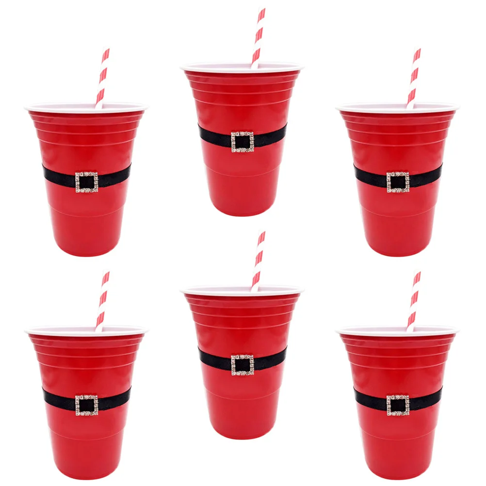 

12Pcs Plastic Water Cups Santa Belt Pattern Christmas Party Supplies Durable and Practical for Home and Festive Occasions