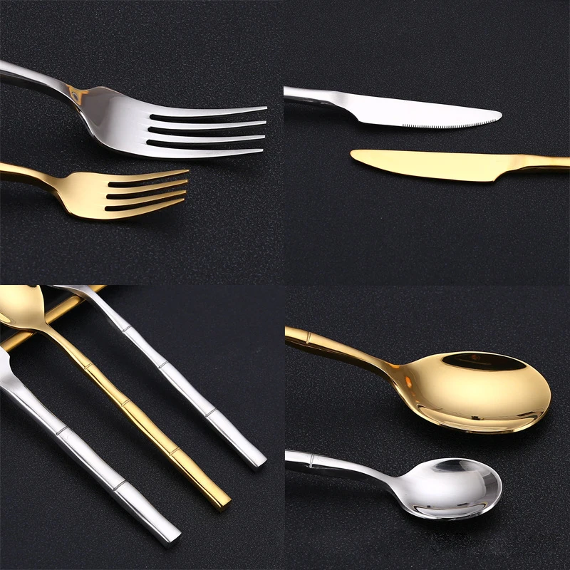 Stainless Steel Tableware Set Bamboo Festival Design Cutlery Knife Fork Spoon Flatware Set High Quality Golden Dinnerware Set