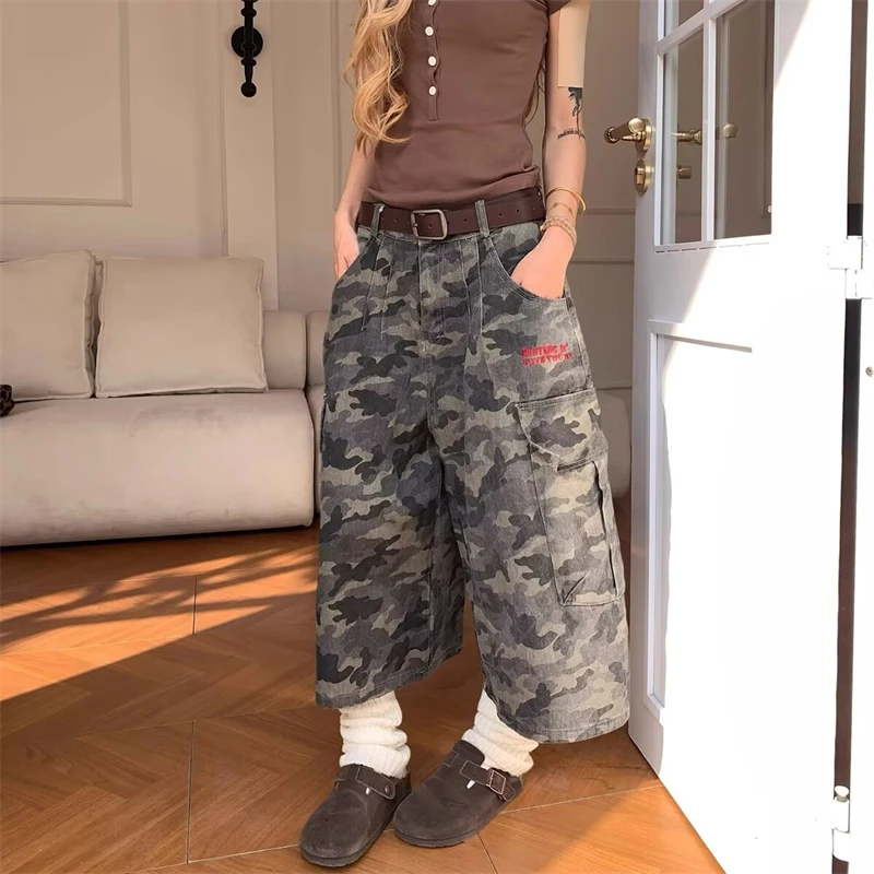 

Women's Hip-hop Wide Legs Camouflage Capris Pants Cool Girl Street Style Cropped Female High Waist Calf-length Unisex Trousers