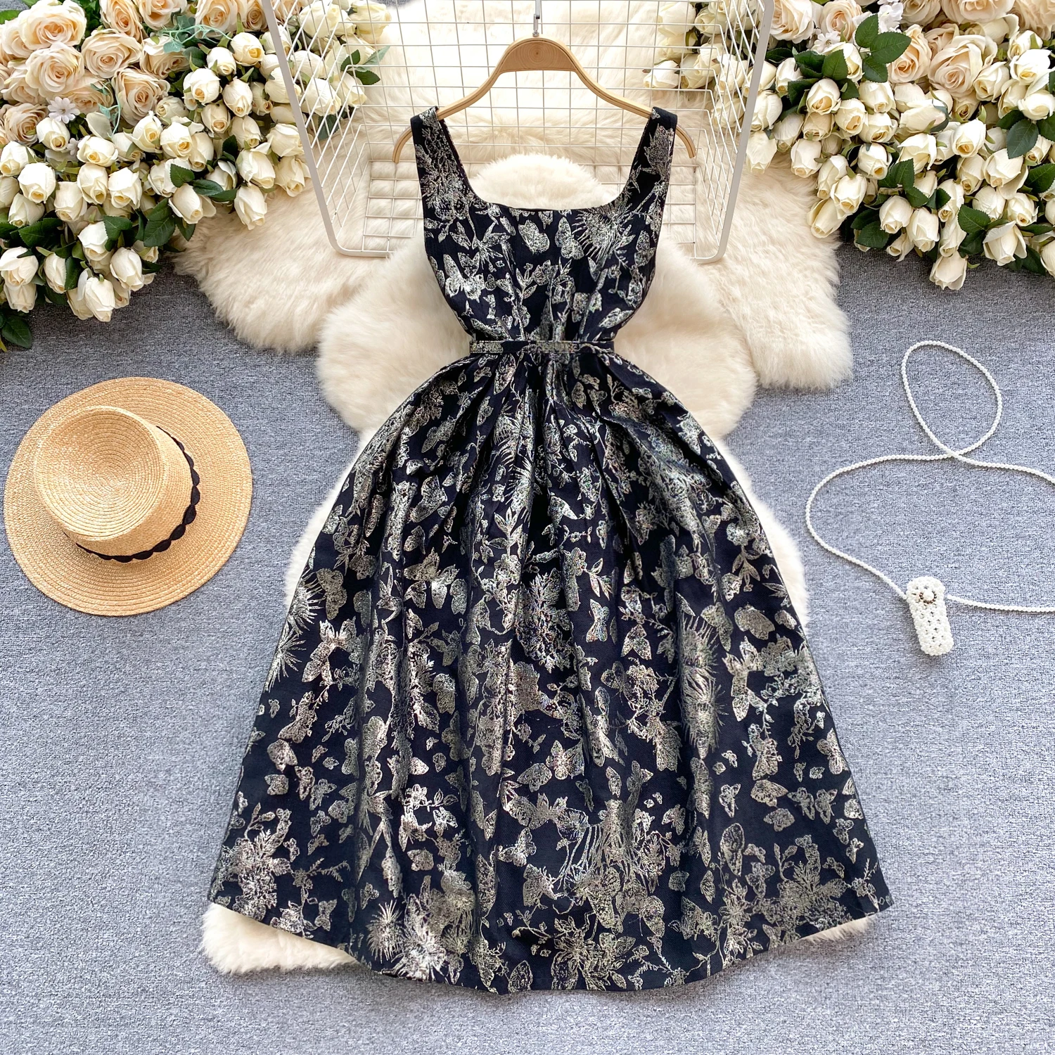 

French Vintage Square Neck Jacquard Sleeveless Dress A-line Casual Women Fashion Summer Dress