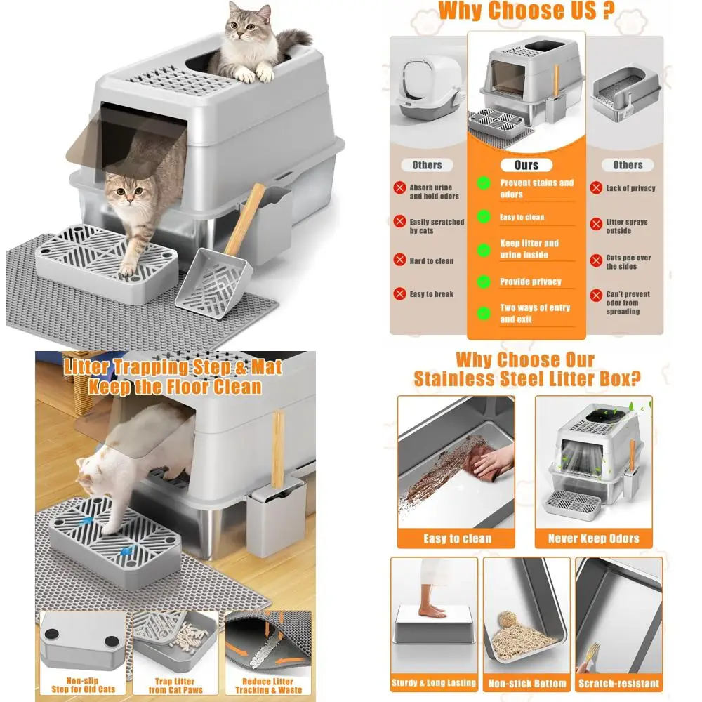 

Очень большой закрытый металлический ящик для кошачьего туалета с крышкой для больших кошек, лоток из нержавеющей стали с крышкой XL и улучшенной конфиденциальностью