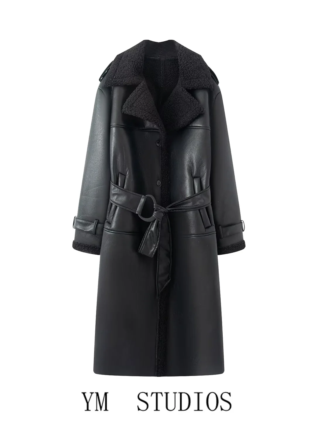 

Women's Long Fce Lined Fur Leather Coat Belted Stand Collar Warm Outerwear PU Leather Spring Season Faion Ladies' Clothing