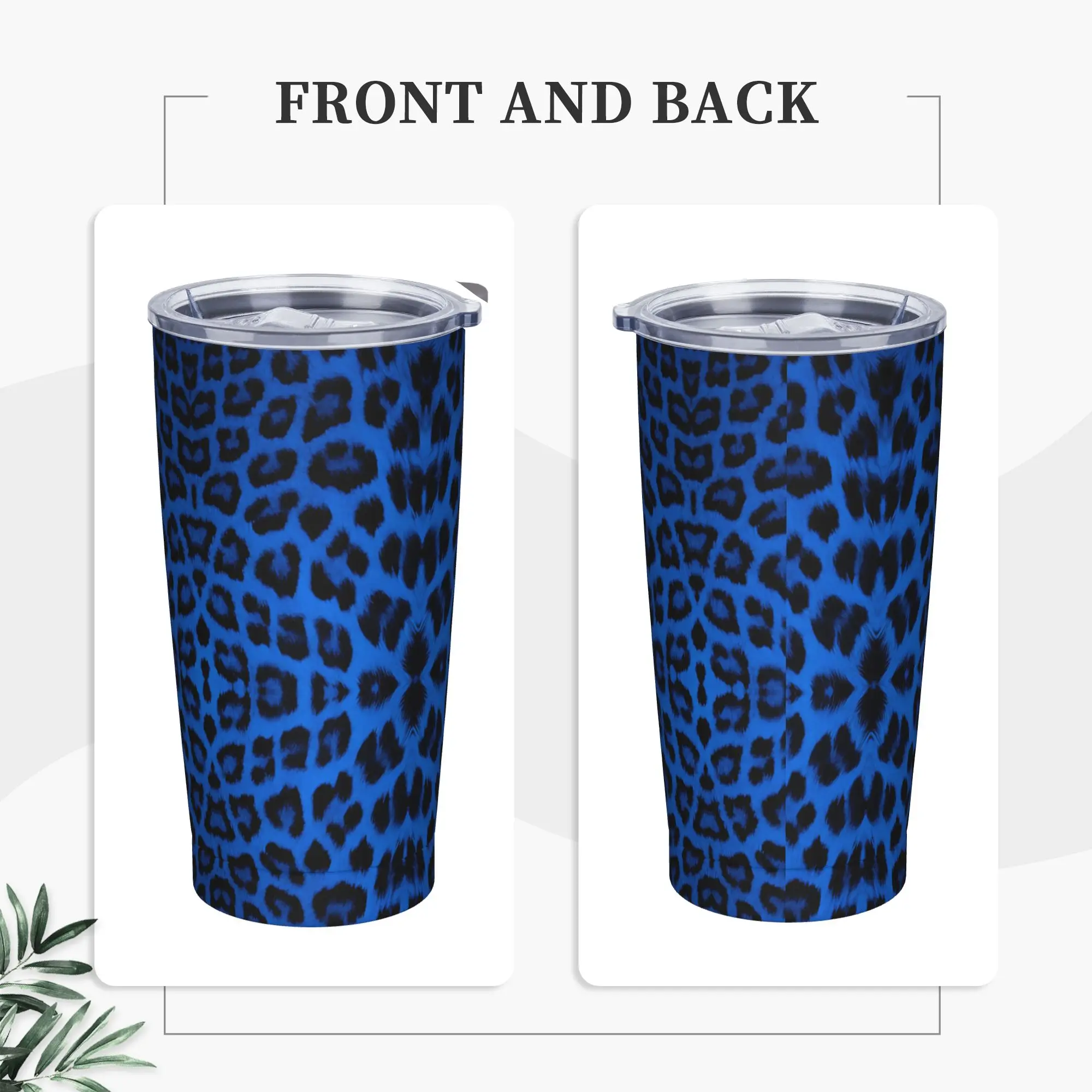 Blue Leopard Insulated Tumbler with Straws Simulated Print Stainless Steel Thermal Mug Office Home Bottle Cup, 20oz
