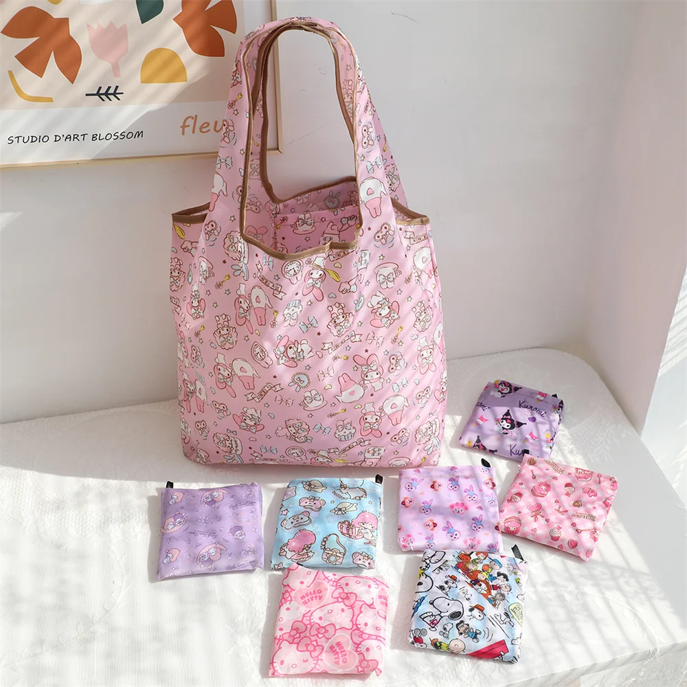 Kawaii Sanrio Foldable Eco Shopping Bag Kuromi Hello Kitty MyMelody Cinnamoroll Portable Supermarket Large Storage Bag