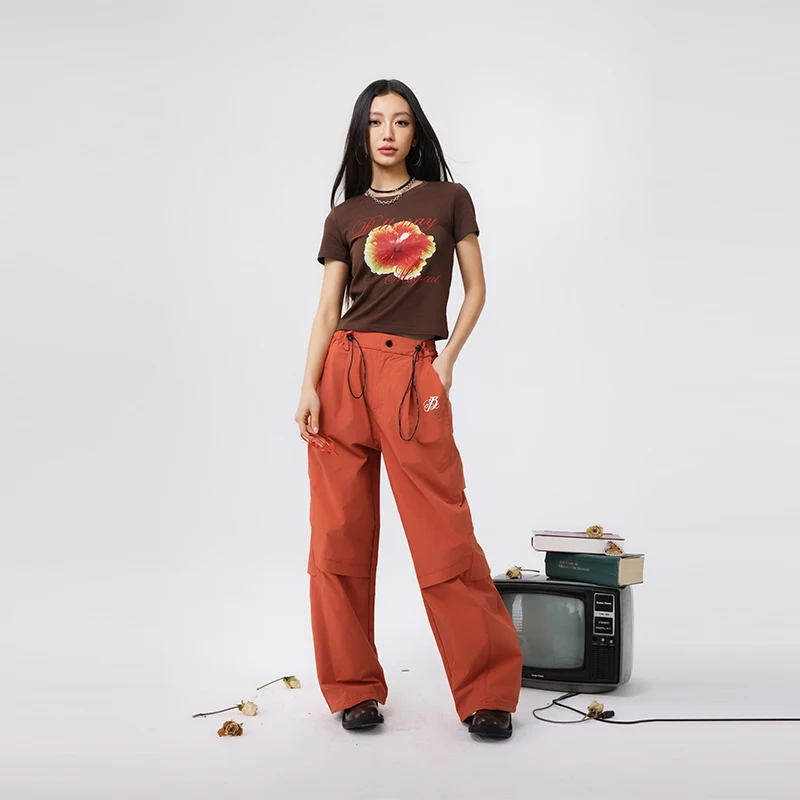 

BetterSay Vintage Sport Paratrooper Loose Wide Leg Casual Trousers High Waist Straight Cut Polyester Workwear Faion Ladies