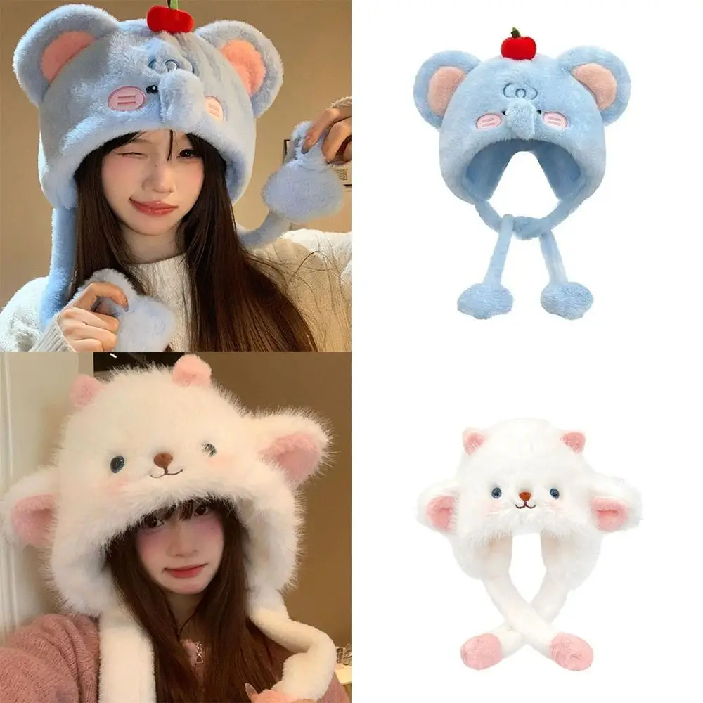 Urocza, puszysta czapka z uszami, gruba, wiatroodporna, utrzymująca ciepło, nakrycie głowy, czapka zimowa w kształcie owcy z kreskówki, modna czapka damska.