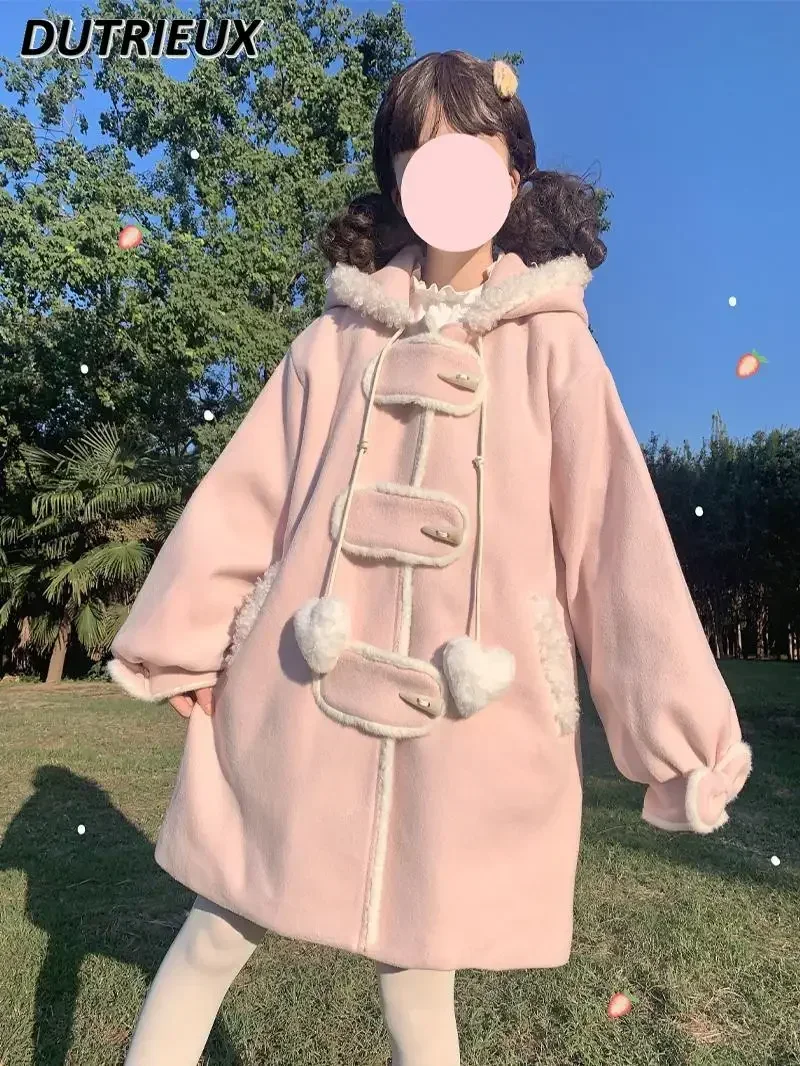 JK Hooded Pink Coat Uniform Cute Horn Buckle Autumn and Winter Sweet Double-layer Cotton Thickened Mid-length Overcoat