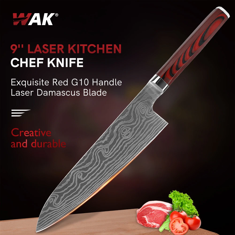 

WAK Laser Dmascus Pattern Kitchen Chef Knife Ergonomic Red G10 Handle Kitchen Knives Vegetable Meat Fish Cutting Chef Knife