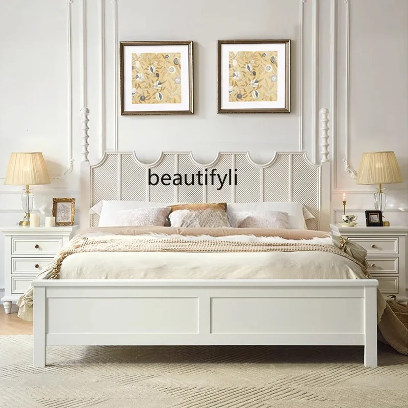 

French Cream Style White Solid Wood Bed Carved Bed Master Bedroom Double Bed American Retro Roman Column 1.8 M Wedding