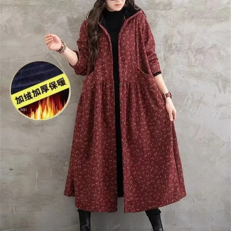 Add Velvet Thick Women\'s Trench Coat Autumn Winter Windbreaker Female 2023 New Cotton Hemp Flower Fragments Hooded Outerwear