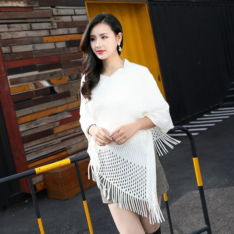 33 White Style Spring Autumn Women Horn Buckle Hollow Sweater Warm Shawl Knitwear Tassel Knitted Loose Pullover Triangle Coat