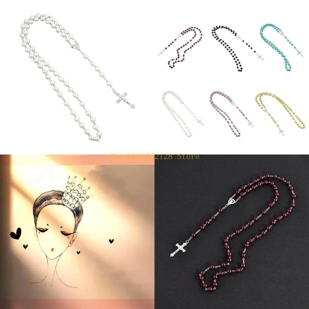 Fashion Rosary Necklace Round Imitation Pearl Beads Rose Flower Pendant best sale