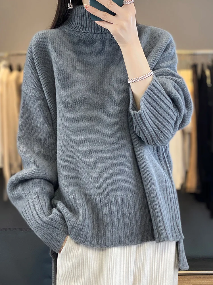 

Light Luxury Autumn Winter Women Sweater 100% Merino Wool Loose Knitwear Solid Pullover Long Sleeve Clothing Tops Fashion Jumper