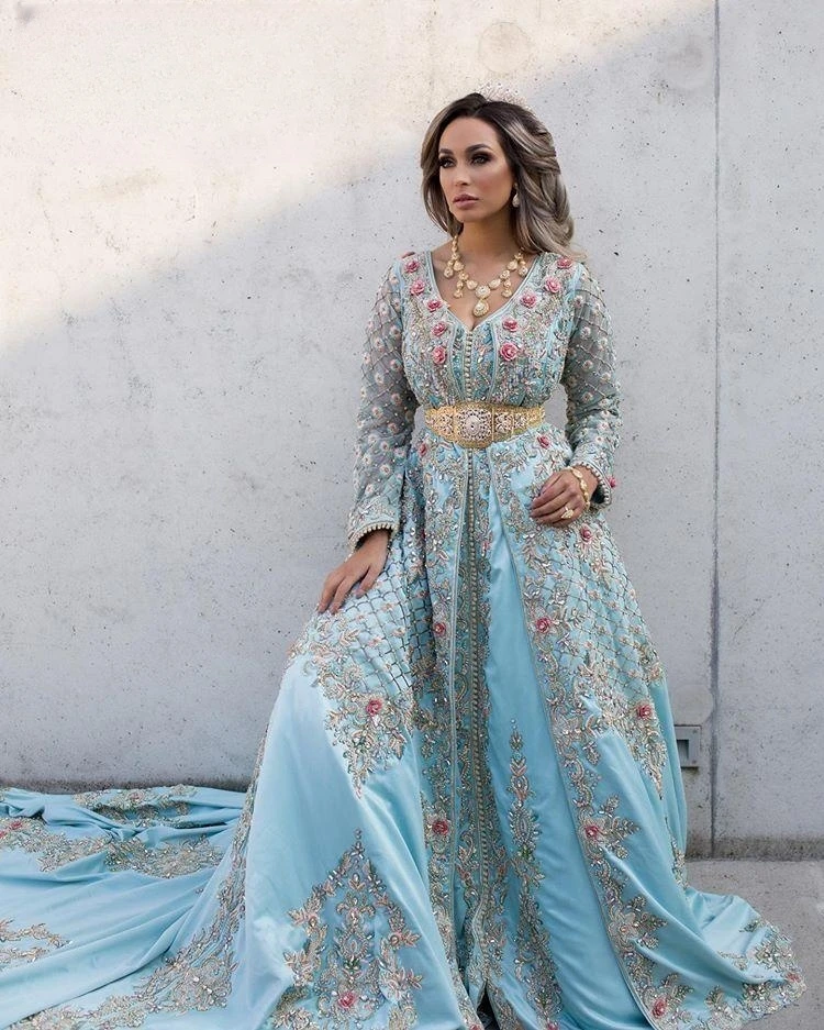 

Blue Moroccan Kaftan Muslim Evening Dresses A-line V-neck Long Sleeves Appliques Dubai Arabic Turkey Caftan Abaya Islamic Gown