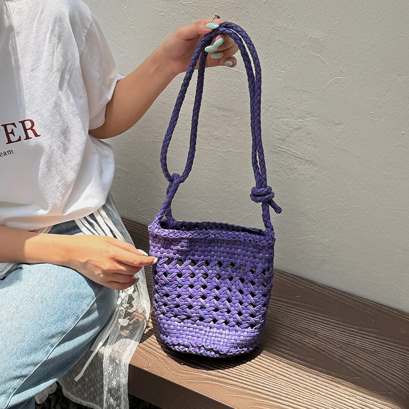 

FIRMRANCH Vintage Hand-Woven Exquisite Hollow-Out Beach Vacation Bucket Bag Women's Genuine Leather Shoulder Crossbody Purse