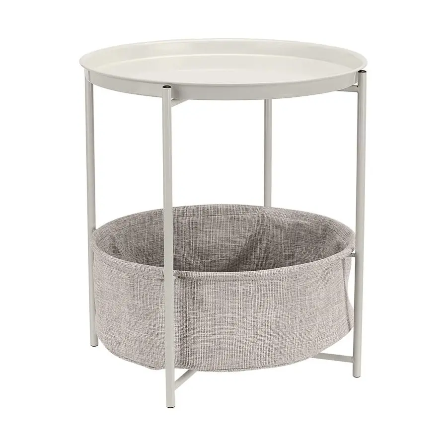 

Round Storage End Table, Nightstand with Cloth Basket, Bedside Table, White Heather Gray, 17.7 L x 17.7 W x 18.9 H