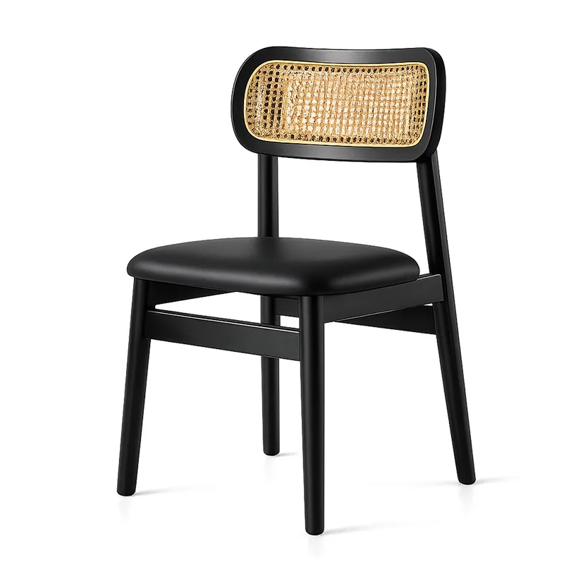 Rattan backrest chair dining chair fresh vintage style deep carbon black solid wood frame soft-cushion dining chair