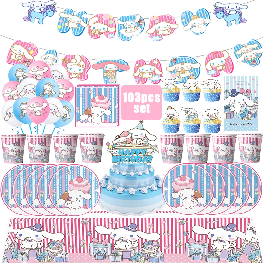 

Sanrio Cinnamoroll Birthday Decoration Cartoon Disposable Tableware Cake Topper Cup Napkin Kid Favor Gift Girl Party Supplie Set