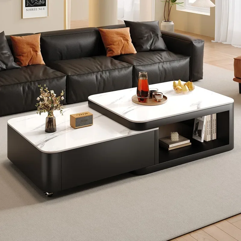 Telescopic Coffee Table for Living Room Small Apartment Rectangular Rock Slab Top Modern High End Extendable Side Table Home
