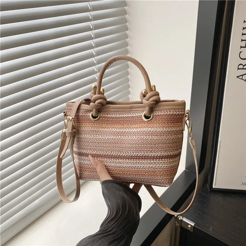 

2025 Ethnic Style Handheld Bucket Bag Summer New Woven Color Block Shoulder Bag Internet Famous Crossbody Purse for Women