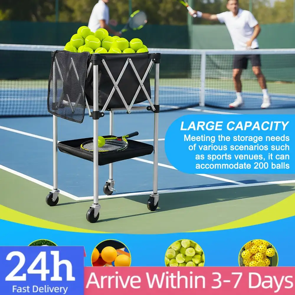 

Tennis Ball Hopper with Wheels Foldable Tennis Cart with Storage Bag Portable Pickleball Baseball Hopper Basket for Training