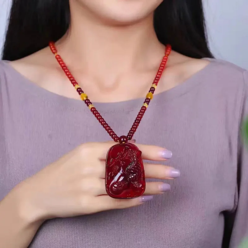 

New amber beeswax hand polished blood pearl pendant sweater necklace for men and women