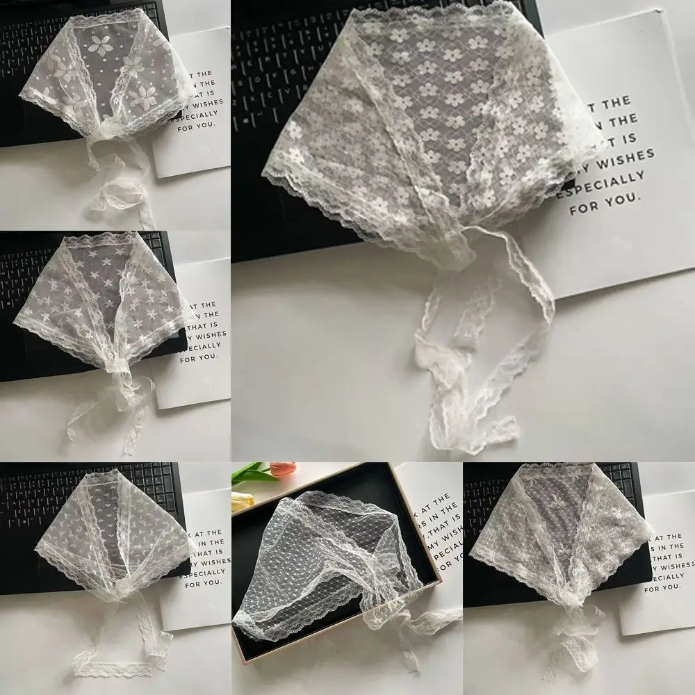 

Elegant White Woven Floral Lace Hair Scarf Wraps Sweet Breathable Triangle Headscarf Retro Hair Band Photo