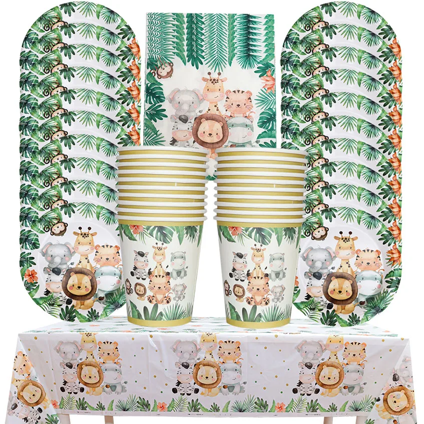 Jungle Animals Birthday Decoration Disposable Tableware Set Wild One Baby Shower Boy Kids Woodland Safari Bithday Party Supplies