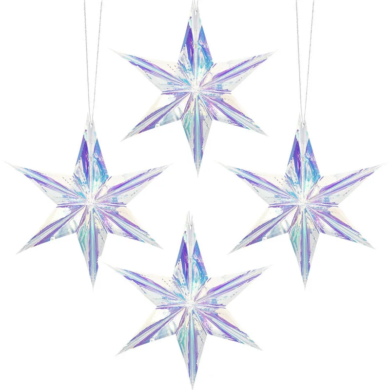 4pcs Laser Stars Blue Birthday Wedding Decoration Iridescent Star Party Supplies Shine Ornament Hanging Decorative Event Decor