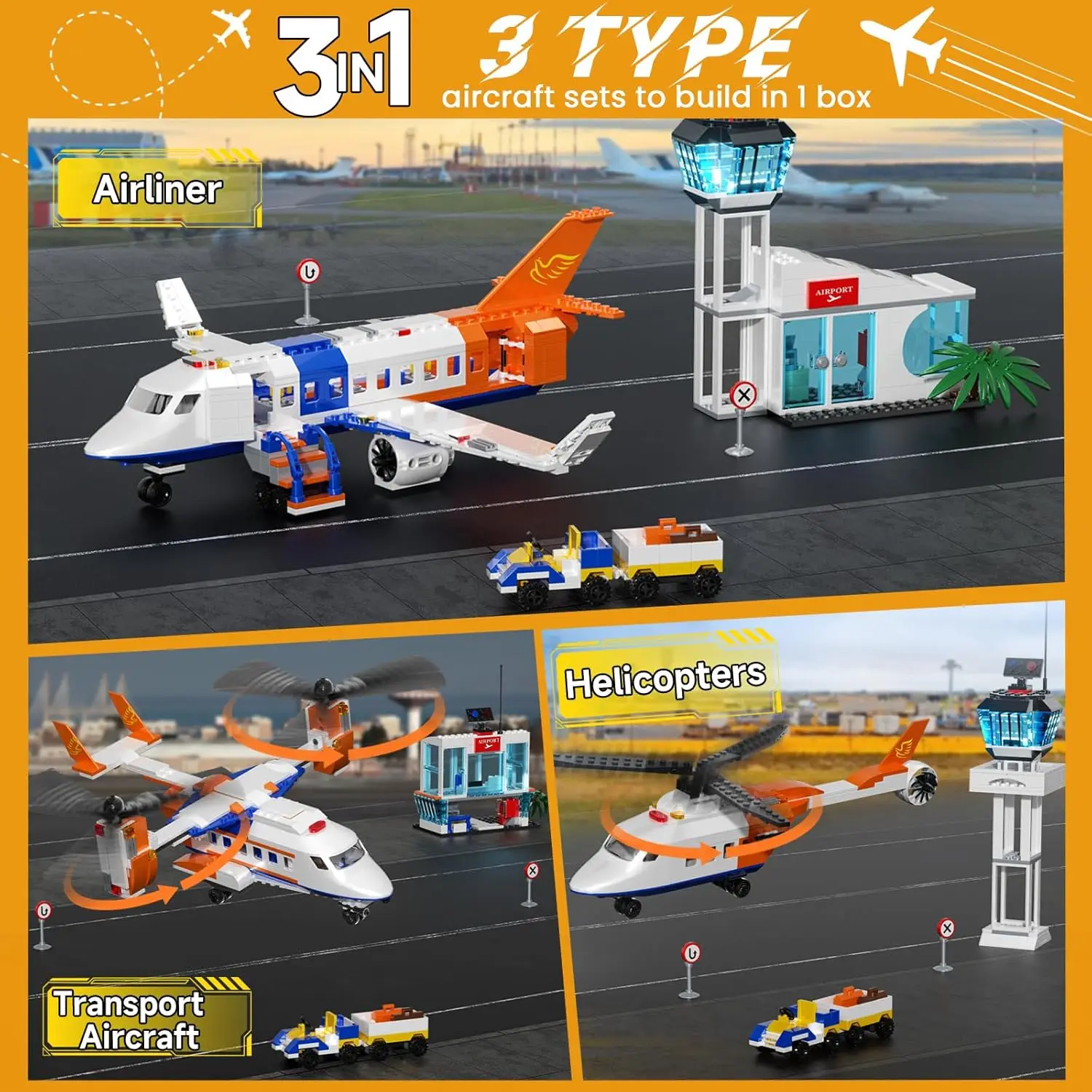 3-in-1 vliegtuigbouwstenen set transportvliegtuig helikopter passagiersvliegtuig bagageaanhangwagen bouwspeelgoed voor kinderen geschenken