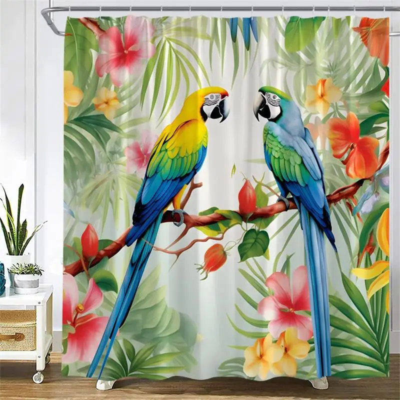 Tropical Leaves Shower Curtain Green Monstera Palm Leaf Parrot Jungle Animals Watercolour Art Cloth Bathroom Curtains Decoration