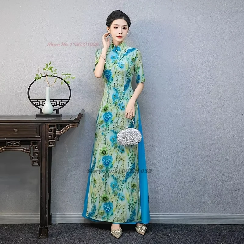 2025 vietnam aodai traditional dress national flower print improved dress qipao chiffon cheongsam banquet evening dress vestido