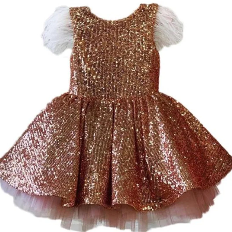 Dress baby girl sequins Children's catwalk piano performance dress bow feather girl princess dress summer