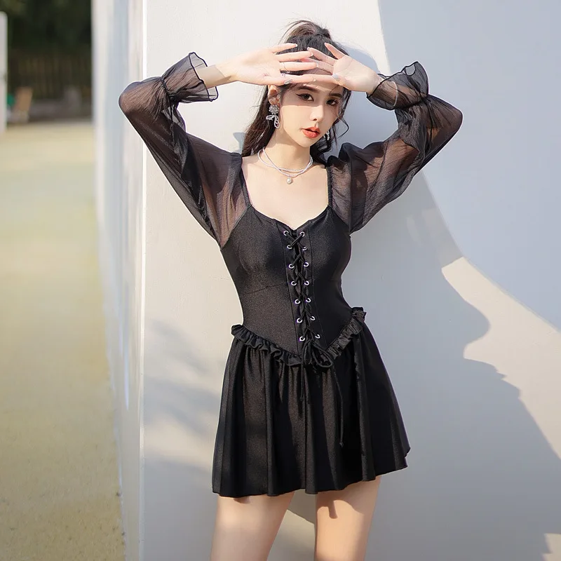 

2023 Asian Long-sleeved One-piece Swimsuit Women's Conservative Skirt Style Small Chest Coverup Thin Ins Fashion Hot Spring Suit