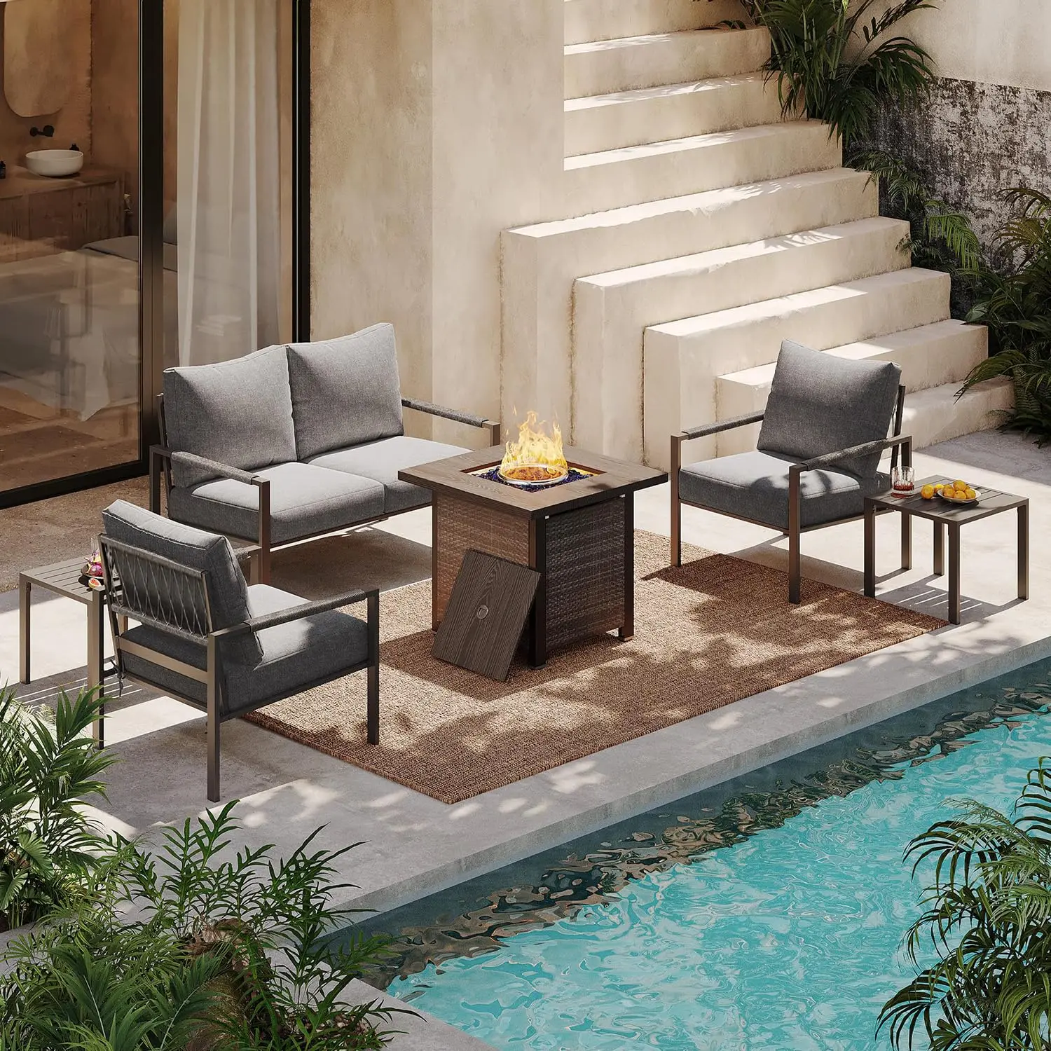 Metal Patio Furniture Set w/Fire Pit, 6-Piece Outdoor Conversation Set w/6-Inch Cushions, for Garden Backyard, Customized